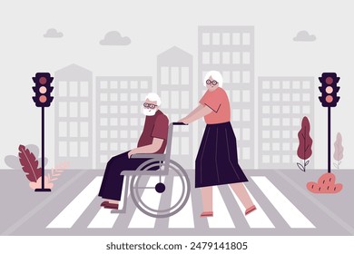 Ancianos peatones cruzan la calle en el cruce. Una anciana lleva al abuelo en silla de ruedas. Pareja de amor se mueve a pie por la ciudad. Entorno accesible, ciudad para personas con discapacidad. Vector