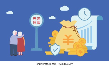 Ilustración vectorial de las pensiones de los ancianos. Personas mayores, bolsas de dinero con RMB e histograma aislados en fondo azul. Traducción: Seguro de vejez.