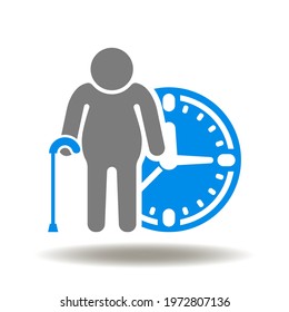 Elderly pensioner with clock vector illustration. Retirement symbol. Pension icon.