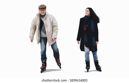 An elderly pensioner in a down jacket, jeans, a hat and glasses rides on rollers next to a girl in a black coat. Father and daughter family vacation, isolate on white background, vector illustration.