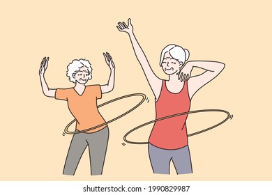 Elderly people active lifestyle concept. Two smiling happy healthy mature aged women friends making sport workout and rolling hoops on waists vector illustration 