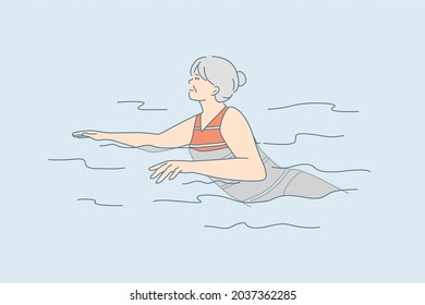 Elderly people active lifestyle concept. Old mature positive woman cartoon character swimming in water feeling great vector illustration 