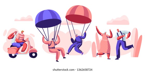 Elderly People Active Lifestyle. Happy Aged Pensioner Characters Doing Extreme Sport, Skydiving With Parachute, Riding Motobike, Dancing. Old Men And Women Relations. Cartoon Flat Vector Illustration