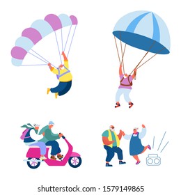 Elderly People Active Lifestyle. Happy Aged Pensioner Characters Doing Extreme Sport, Skydiving with Parachute, Riding Motorbike, Dancing. Old Men and Women Relations. Cartoon Flat Vector Illustration