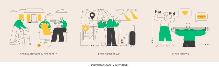 Elderly people activity abstract concept vector illustration set. Communities for older people, retirement travel, elder fitness, retirement savings, medical care, active lifestyle abstract metaphor.