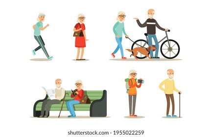 Elderly People Activity Set, Senior Men and Women Walking in Park, Running Bike, Jogging, Traveling Cartoon Vector Illustration
