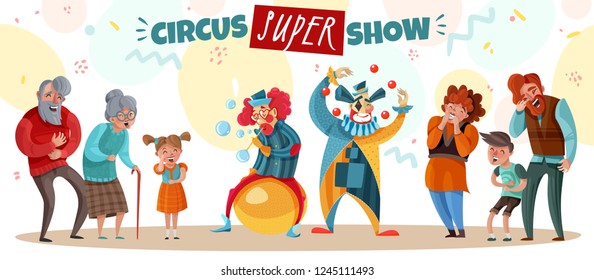 Elderly people adults and children laughing at circus clown show cartoon vector illustration