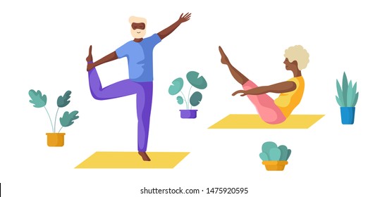 Elderly people - African Americans couple - doing yoga, old men and women doing sport exercises and meditation. Cute flat characters, isolated figures and potted flowers on white background, vector se