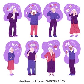 Elderly people with Alzheimer's disease depicted in states of confusion and memory loss. Vector illustrations set includes seniors with question marks and memory-related icons in thought bubbles