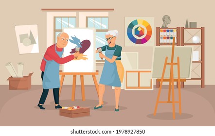 Elderly people artist composition with indoor scenery of painting studio with drawing easel and doodle people vector illustration