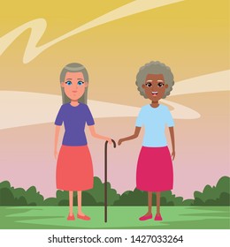 elderly people avatar afroamerican old woman and old woman with long hair and cane profile picture cartoon character portrait
