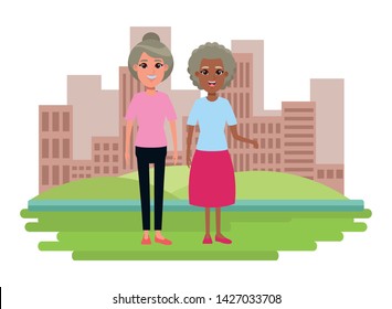 elderly people avatar afroamerican old woman and old woman with bun profile picture cartoon character portrait over the grass