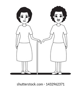 elderly people avatar afroamerican old woman and old woman with cane profile picture cartoon character portrait in black and white vector illustration graphic design