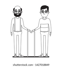 elderly people avatar old man with beard, glasses and cane and old man with glasses and cane profile picture cartoon character portrait in black and white vector illustration graphic design