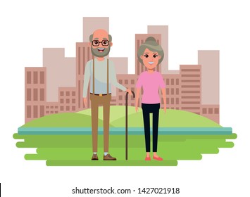 elderly people avatar old woman with bun and old man with beard, glasses and cane profile picture cartoon character portrait over the grass with building and skyscraper cityscape vector illustration