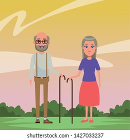 elderly people avatar old woman with long hair and cane and old man with beard, glasses and cane profile picture cartoon character portrait outdoor over the grass with shrubberry vector illustration