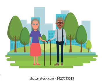 elderly people avatar old woman with long hair and cane and afroamerican old man with glasses and cane profile picture