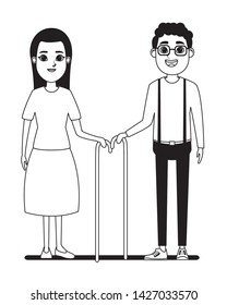 elderly people avatar old woman with long hair and cane and afroamerican old man with glasses and cane profile picture