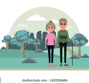 elderly people avatar old woman with bun and old man with glasses and cane profile picture cartoon character portrait over the grass with trees, building and skyscraper cityscape silhouette vector