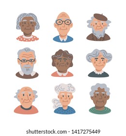 Elderly People Avatar Set. Portraits Of Old People On White Background. Senior People Flat Vector Illustration