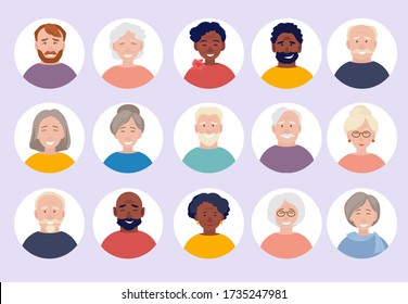 Elderly people avatars. Old person faces for web cv or id doc vector characters portraits collection