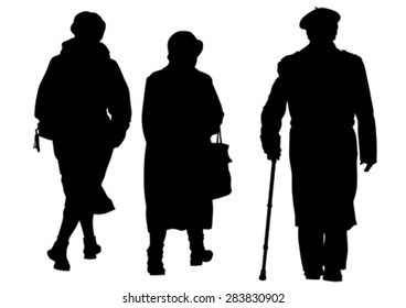 Elderly people with cane one white background