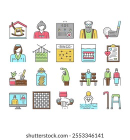 Elderly People Care Collection Icons Set Vector. Golf Game And Chess Playing, Swimming Exercise And Training Elderly Grandfather And Grandmother Concept Linear Pictograms. Contour Color Illustrations