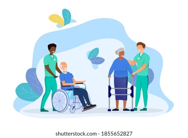 Elderly people care. Concept of senior man and woman with assistive devices and nurses helping them. Cartoon flat vector illustration with fictional characters isolated on white background