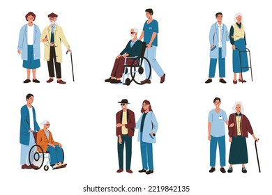 Elderly people care. Group of senior men women with social volunteers help, old characters with assistive devices on rehabilitation. Cartoon vector set. Medical workers supporting pensioners