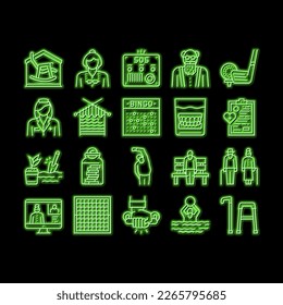 Elderly People Care neon light sign vector. Golf Game And Chess Playing, Swimming Exercise And Training Elderly Grandfather And Grandmother Illustrations