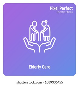 Elderly people care. Nursing home thin line icon. Geriatric medicine. Pixel perfect, editable stroke. Vector illustration.