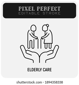 Elderly people care. Nursing home thin line icon. Geriatric medicine. Pixel perfect, editable stroke. Vector illustration.