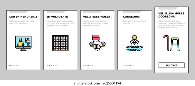 Elderly People Care Onboarding Mobile App Page Screen Vector. Golf Game And Chess Playing, Swimming Exercise And Training Elderly Grandfather And Grandmother Illustrations