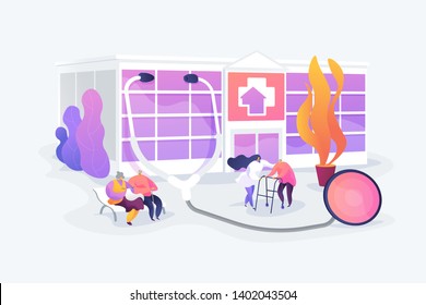 Elderly people caregiving, assistance. Healthcare, medical center. Nursing home, nursing residential care, physical therapy service concept. Vector isolated concept creative illustration