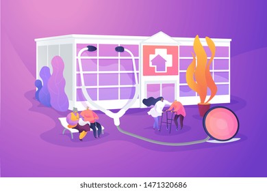 Elderly people caregiving, assistance. Healthcare, medical center. Nursing home, nursing residential care, physical therapy service concept. Vector isolated concept creative illustration
