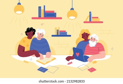 Elderly people caring. Nurses communicate and engage with seniors, social caretakers characters, pension house with patients, volunteers and social workers vector cartoon flat concept