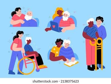 Elderly people caring. Social service workers help seniors, caregivers and wards cartoon characters, nurses or volunteers walking and communications, grandmother in wheelchair vector set