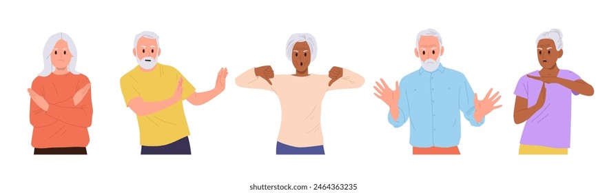 Elderly people cartoon character demonstrating negative, refuse, deny gesture isolated set