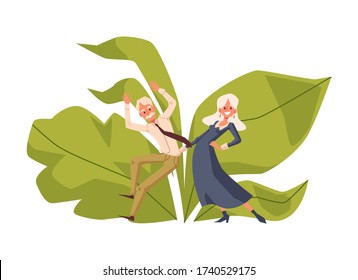 Elderly people cartoon characters dancing together, flat vector illustration isolated on white background. Emblem or logo for elderly activity or party for seniors.
