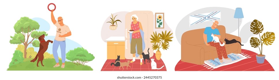 Personajes de dibujos animados de personas mayores con Ilustración vectorial de mascotas. Hombre mayor y mujer alimentando gatos, perros que caminan y acariciando la piel felina escena aislada