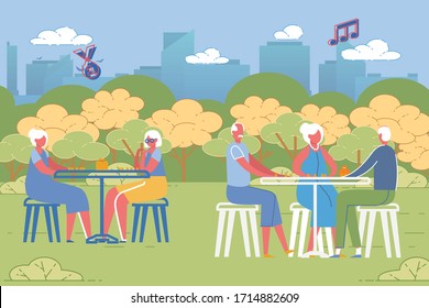 Elderly People Cartoon Characters Playing Bingo Or Lotto Gambling Game At Park Landscape Background. Senior Persons Retirement Life Period Activity, Hobbies And Recreation. Flat Vector Illustration.