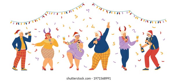 Elderly people celebrating Christmas in karaoke. Senior men and women in festive Xmas hats singing in microphones, flat vector illustration isolated on white background.