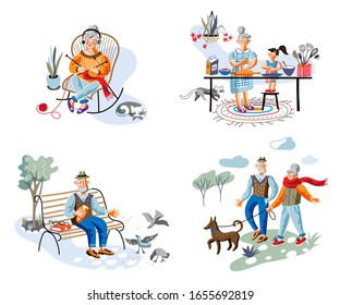 Elderly people character rest, daily activity set. Old grandmother baking with granddaughter. Aged woman knitting listen to music on rocking chair. Senior man walking with friend, dog, feeding bird