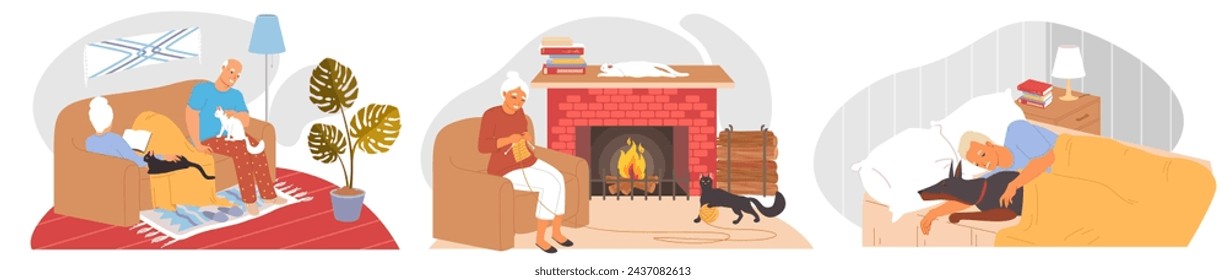 Elderly people characters enjoying free time on pension with pet animals at home cartoon scene set vector illustration