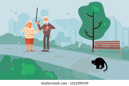 Elderly people characters scared black cat in the park. Seniors believe in bad omen. Flat Art Vector illustration