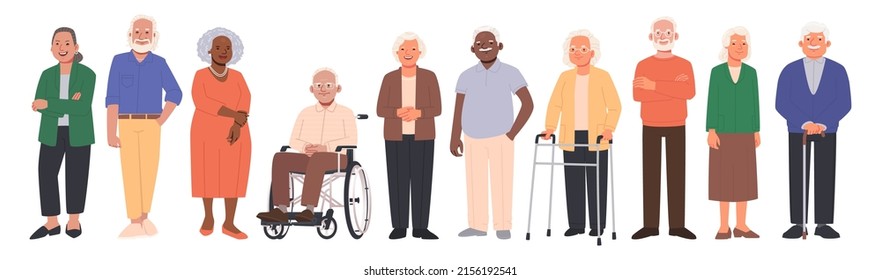 Elderly people characters set. Happy seniors, old men and women of different nations in full growth on an isolated background. Vector illustration in flat style - Shutterstock ID 2156192541