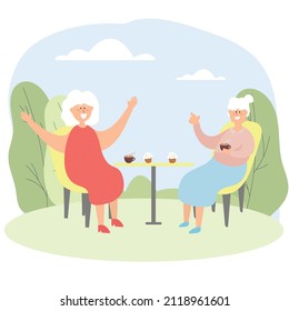 Elderly people chat in a cafe. Grandmothers spend leisure time together. Vector illustration.