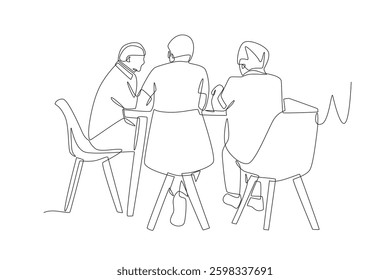 Elderly people chatting at the dining table in a nursing home. Older adults in nursing homes concept one-line drawing