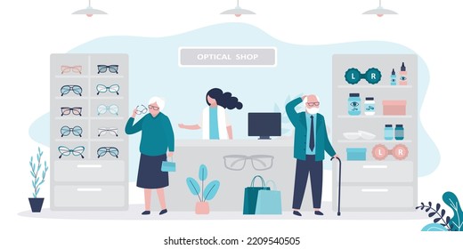 Elderly people chooses eyeglasses. Aged consumer select contact lenses for purchase. Optometrist helping old client. Shop assistant woman behind the counter. Fashion optics store. Shopping concept.