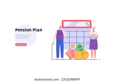 Elderly people choosing pension plan. Pensioner standing next to calculator and coins. Concept of pension savings, insurance pension, funded pension, investments. Vector flat cartoon design